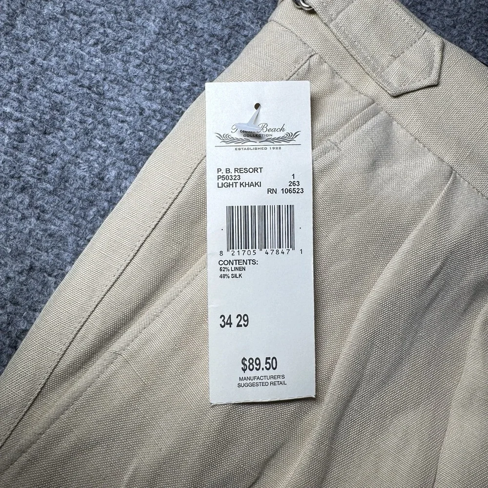 Palm Beach Collections Silk & Linen Trouser Pants Beige Pleated Men 34x29 NWT